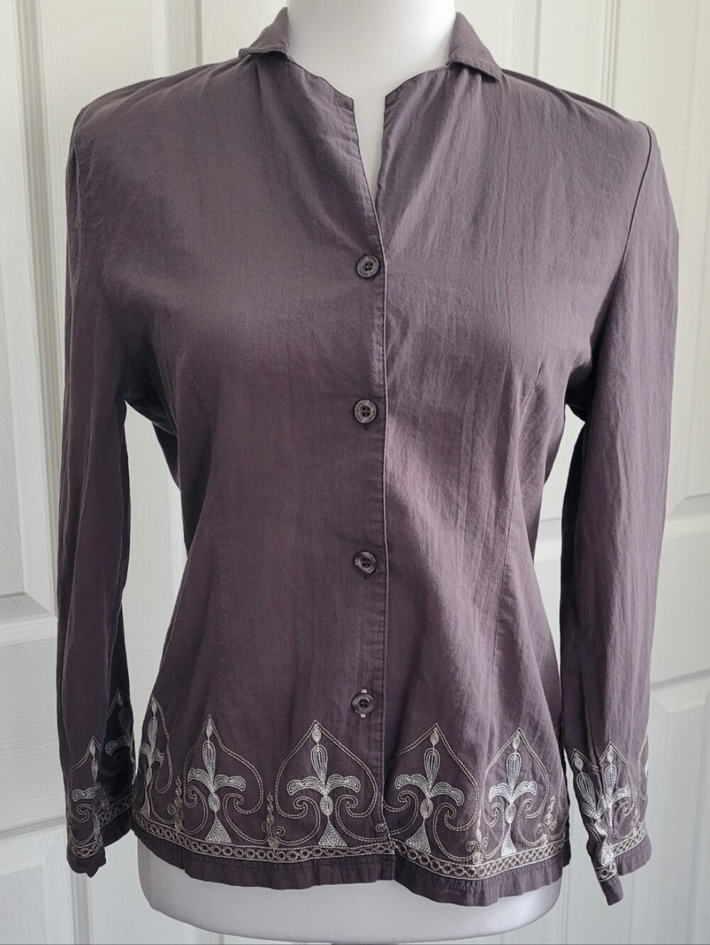 Betty Barclay Long Sleeve Embroidered Button Down Top Gray, Boho, Women's US 6